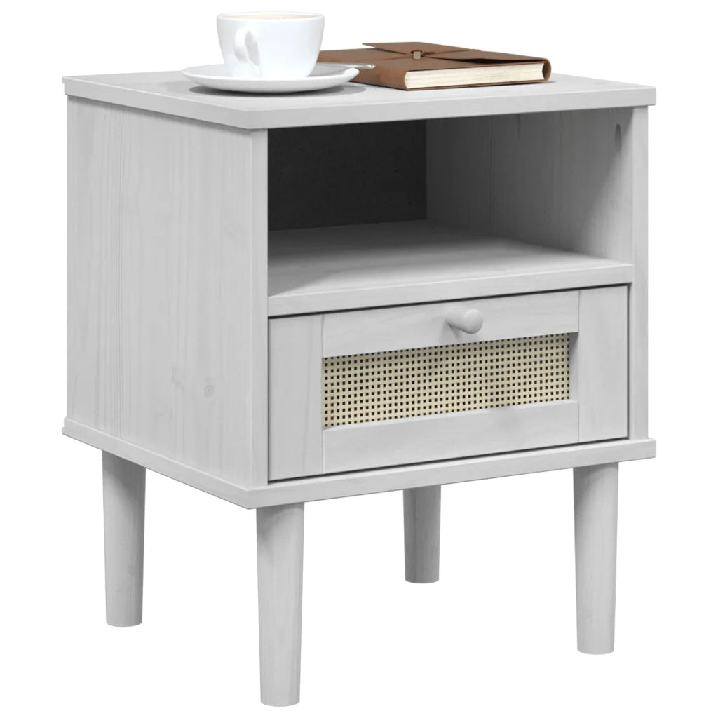 Comodino SENJA Bianco Aspetto Rattan 40x35x48 cm in Legno Pinocod mxl 83982