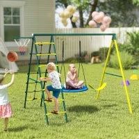 Set Altalene da Giardino Rotonda e Classica, Scalette in Acciaio e Corda e Canestro per Bambini 3-8 Anni