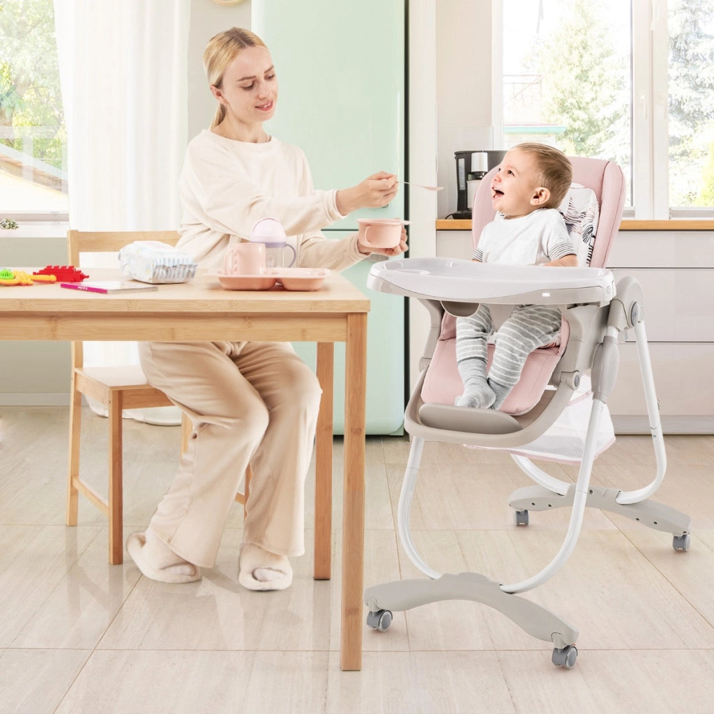 Seggiolone per bambini e neonati con rotelle altezza regolabile poggiapiedi e schienale, Seggiolone pieghevole Rosa-Seggioloni