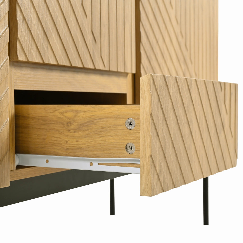 Sideboard moderno con 2 ante e 3 cassetti, struttura in truciolare con gambe in metallo, colore Natural, 140x40x75 cm
