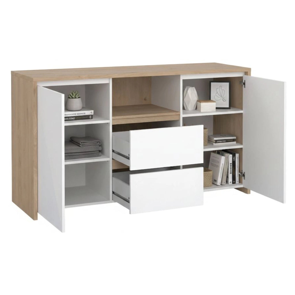 Credenza Alalngar, Buffet da soggiorno, Madia da salotto, Dispensa da cucina, 149x48 h84 cm, Rovere e Bianco lucido