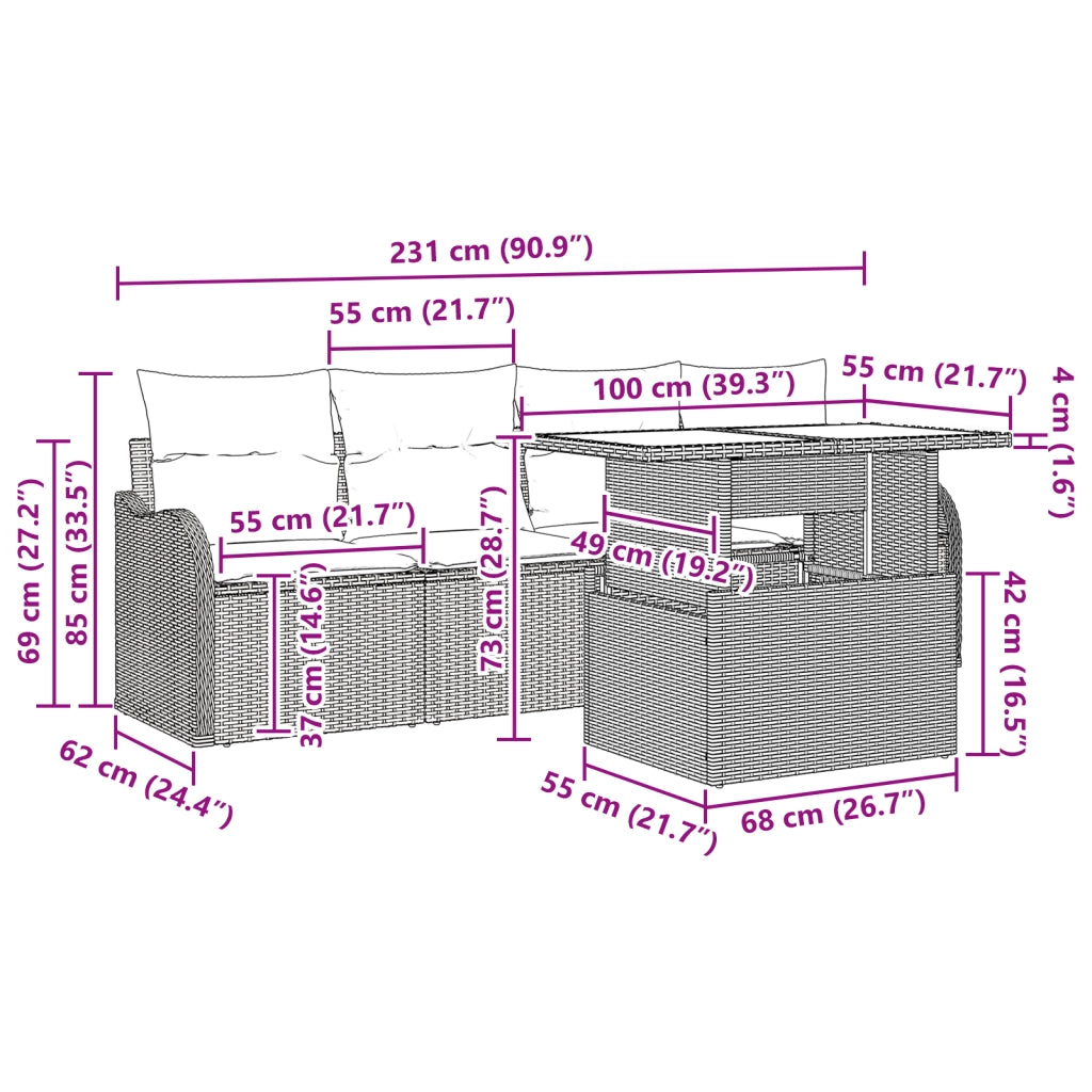Set Divano da Giardino  5 Pezzi con Cuscini Nero Polyrattan