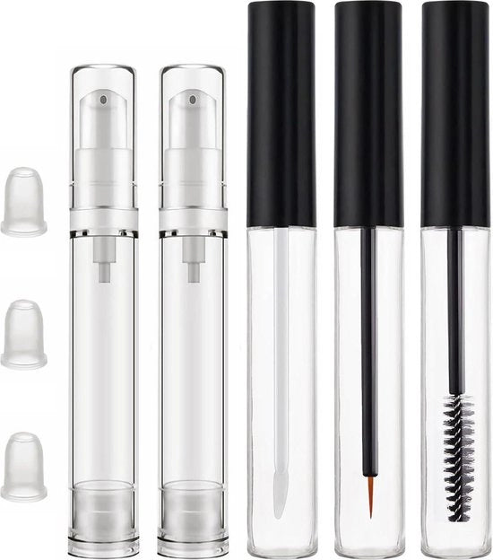 Set di tubi di mascara trasparenti con astina - tubi di eyeliner e lip gloss vuoti - 10 ml - set da 3 - 2 pompe senza aria - 10 ml - confezione da 5.