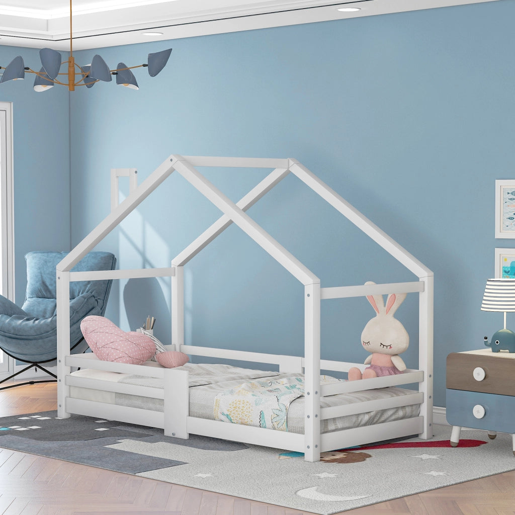 Letto a Casetta Letto Singolo con Sponde; 90×200 cm; Letto per Bambini in Legno Massello; senza Materasso; Bianco