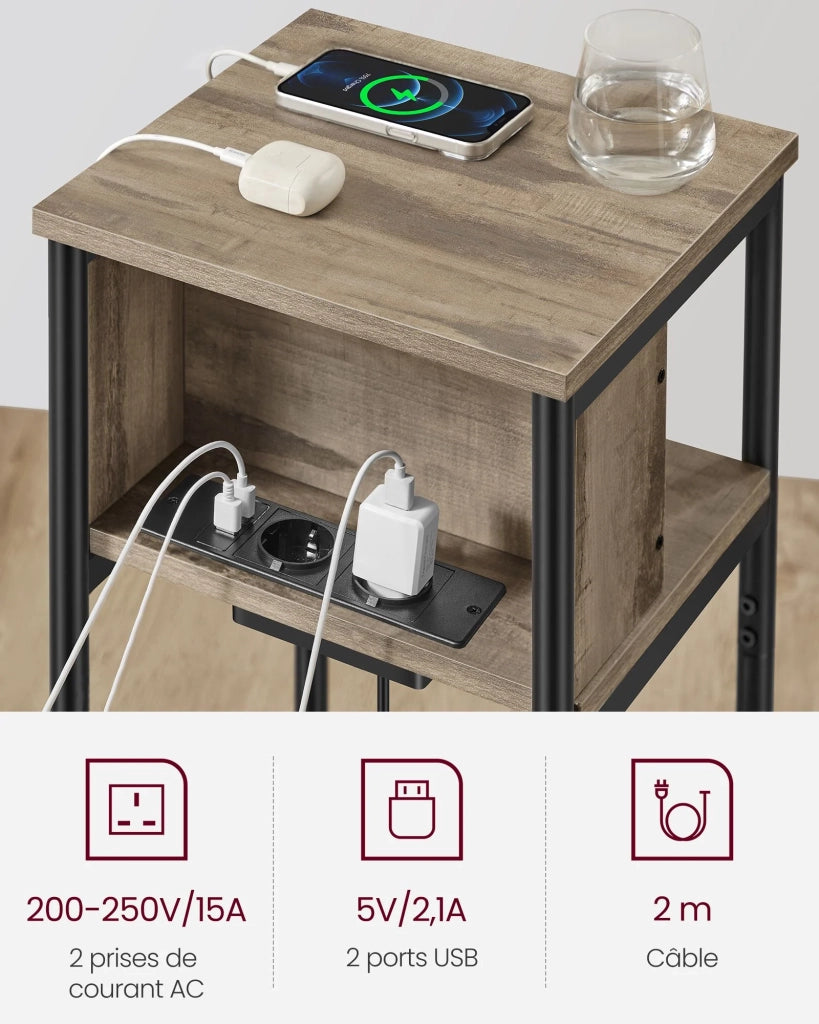 Tavolino/comodino piccolo con ciabatta sottile 2 prese CA 2 porte USB 30 x 34 x 58 cm per soggiorno/camera da letto marrone 12_0007537
