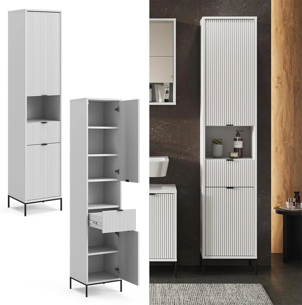 Mobiletto da bagno Eliza, Bianco, 40 x 190 cm con ante e cassetto, per la conservazione di accessori da bagno e combinabile con la serie Eliza