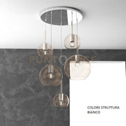 SOSP. BIANCO TONDA 5 LUCI VETRI (1 GRANDE+1 MEDIO+3 PICCOLO) TUTTI AMBRA 1155BI-S5 TMIX-AM