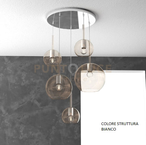 SOSP. BIANCO TONDA 5 LUCI VETRI (1 GRANDE+1 MEDIO+3 PICCOLO) TUTTI AMBRA 1155BI-S5 TMIX-AM
