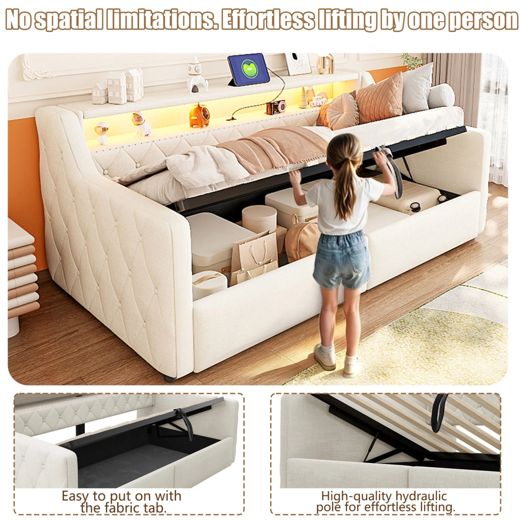 Letto divano 90 × 200 cm con contenitore idraulico, LED, USB e Type C, senza materasso, beige moderno