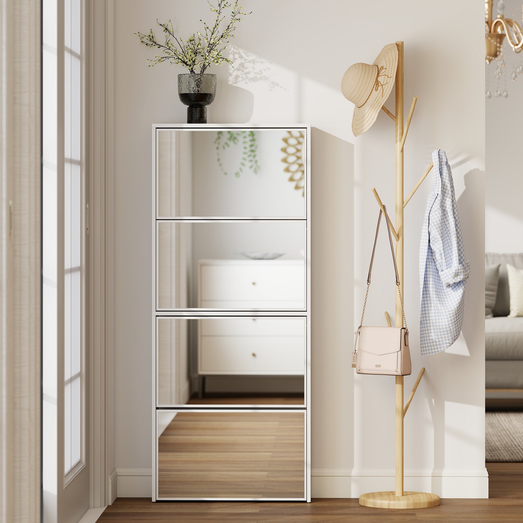 Scarpiera a Specchio 63x17x146 cm a 4 Ante Antiribaltamento in Legno Bianco