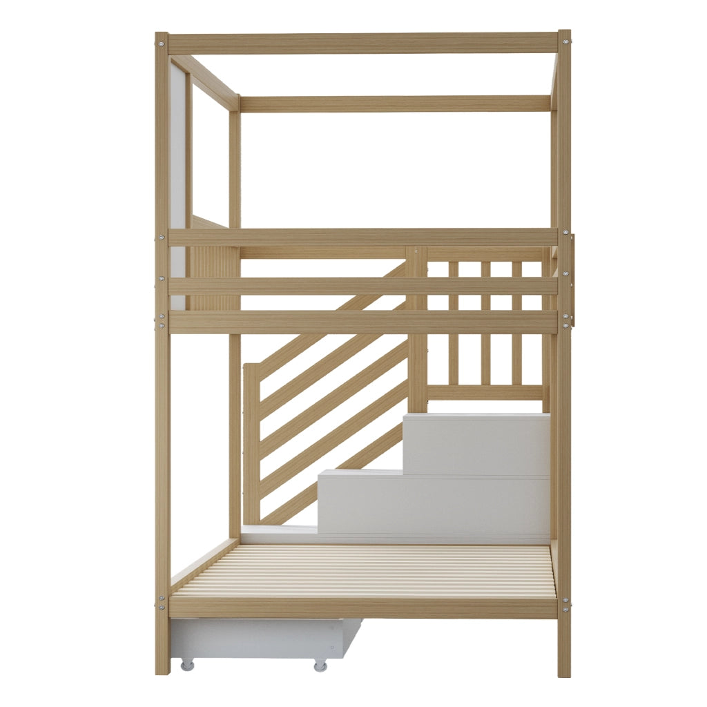 Letto a Castello per Bambini 90x200 cm; Letto 2 Posti - Casetta; Scaletta con Cassetti; Ganci - Legno Naturale