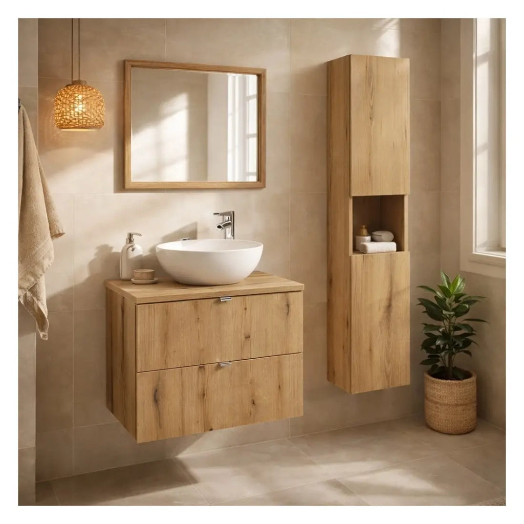 Set da bagno sospeso VANO finitura rovere 110cm: mobile sottolavabo con cassetti + piano per lavabo + colonna