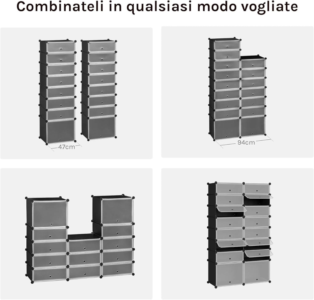 Scarpiera, 2x8 Livelli per 32 Paia di Scarpe, Armadietto ad Incastro con Ante, Scaffale Portascarpe per Giochi, Pannelli in PP, con Mazzetta in Plastica, Nero+Bianco