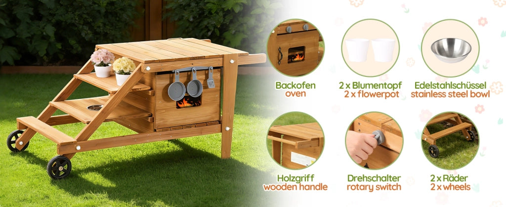 Cucina da Gioco per Bambini da Esterno ¨C Minimal ¨C in Legno Naturale con Ruote e Accessori