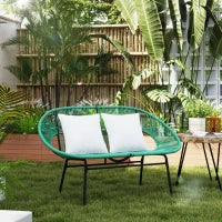 Panchina da Giardino da 2 Posti in Acciaio e Corda in Resina con 2 Cuscini, 132L x 72l x 83H cm, Verde Scuro