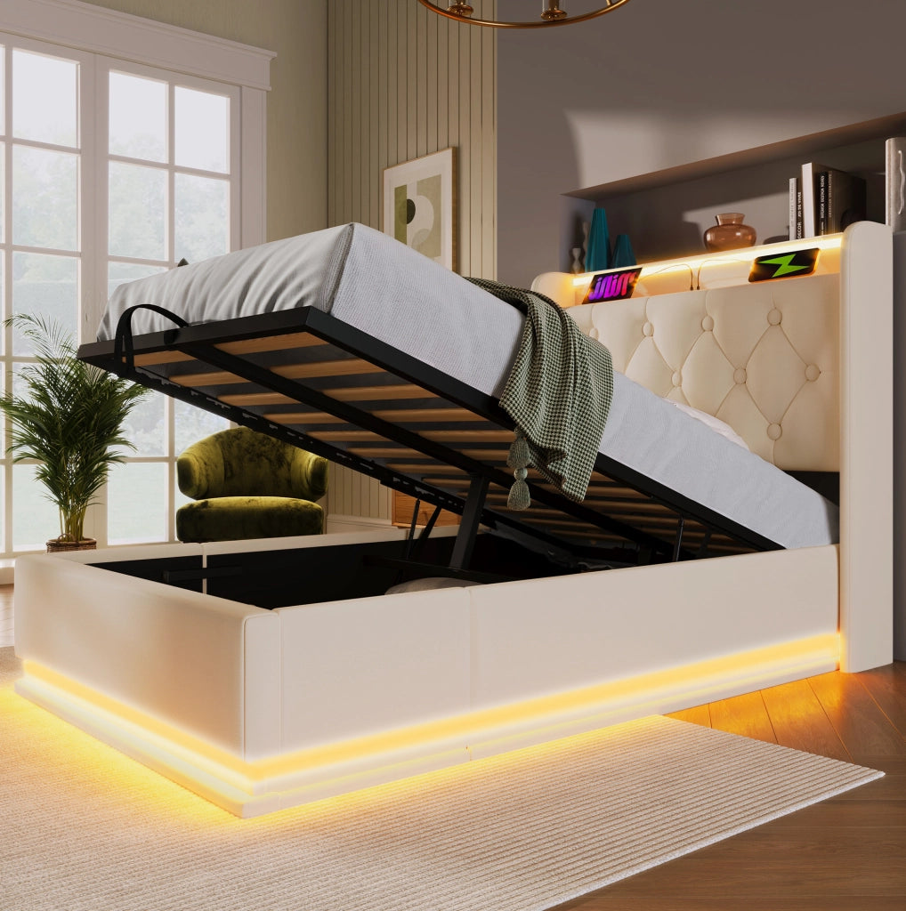 Letto singolo ULEVR 90x200 cm contenitore idraulico con LED 360¡ã, USB e Type-C, PU bianco