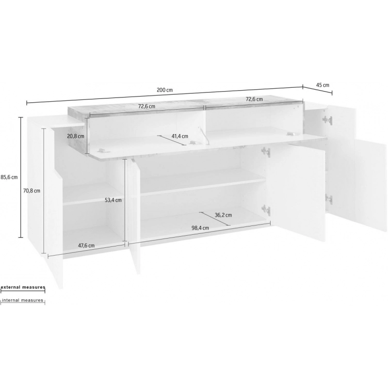 Credenza Coro Moderna 4 ante – Bianco Lucido e Acero Pereira