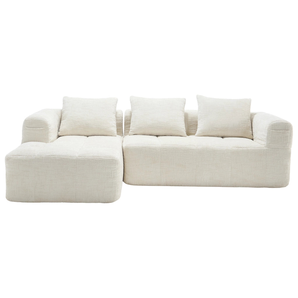 Divano Angolare Modulare 3 Posti con Chaise Longue; Tasche Laterali e 3 Cuscini; in Ciniglia Beige