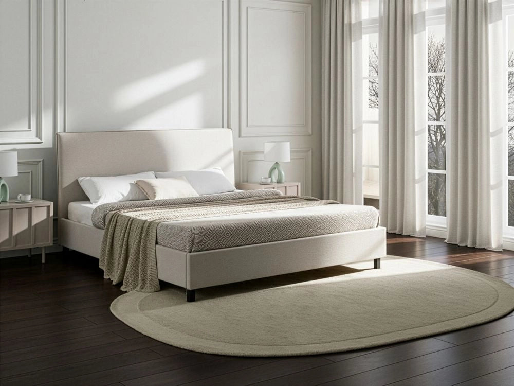 Letto rivestimento in tessuto beige Gambe in legno 180 x 200 cm a doghe con testiera in stile scandinavo minimalista