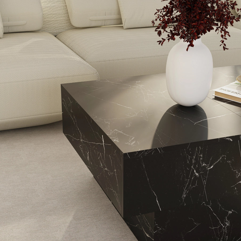 Tavolino Centrale Lens da Salotto con Piano Scorrevole 80 x 60 x 36 cm - Effetto Marmo Nero [en.casa]
