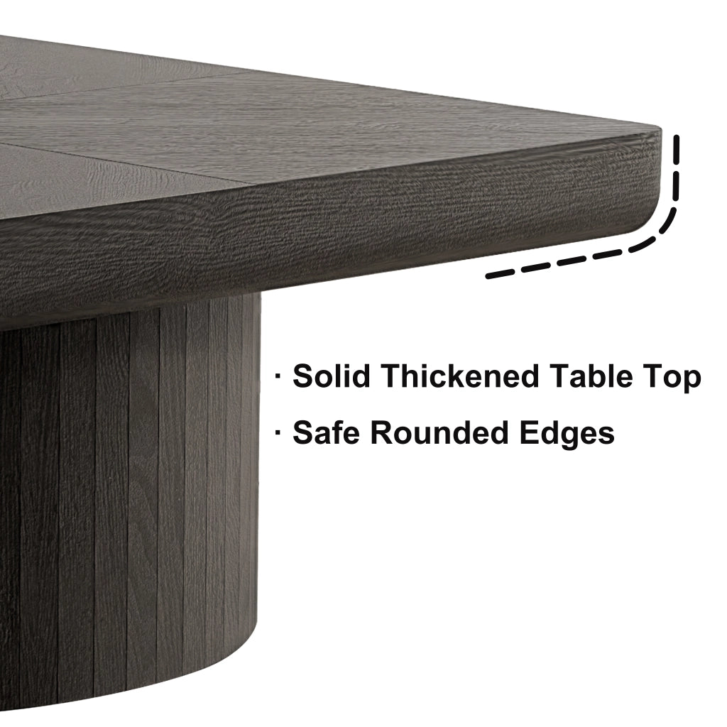 Tavolino basso quadrato con piano effetto parquet e base cilindrica piano spesso nero 86.12 × 85.54 × 18.04 cm