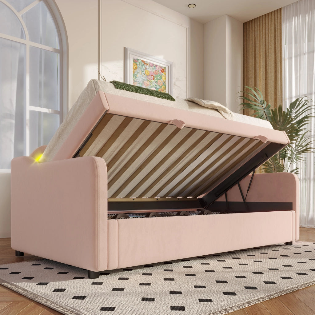 LETTO Singolo 90x200 cm in Velluto Rosa con LED e vano contenitore
