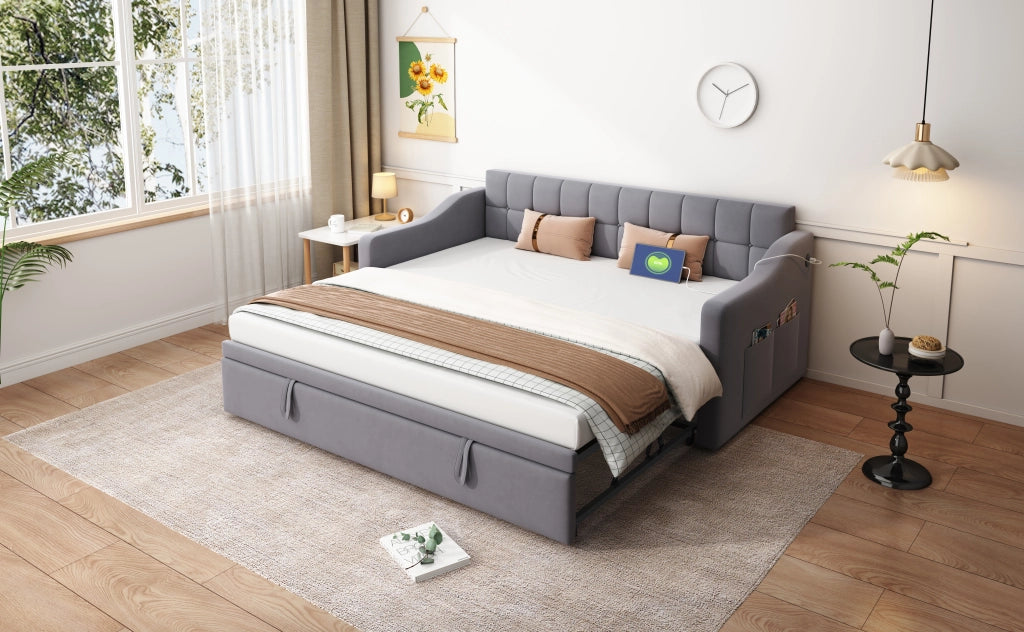Letto divano 2 in 1 imbottito velluto grigio 90x190 cm