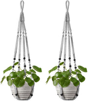 Macramé Sospensione di Pianta, Vaso per Fiori Interno ed Esterno con Campana in Legno, Senza Spilli, Decorazione Boho per Balcone, 89cm, Grigio, 2-Pezzi