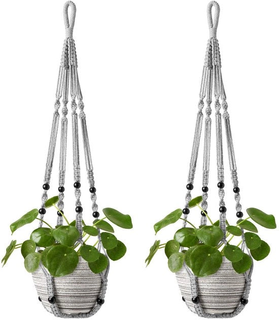 Macramé Sospensione di Pianta, Vaso per Fiori Interno ed Esterno con Campana in Legno, Senza Spilli, Decorazione Boho per Balcone, 89cm, Grigio, 2-Pezzi