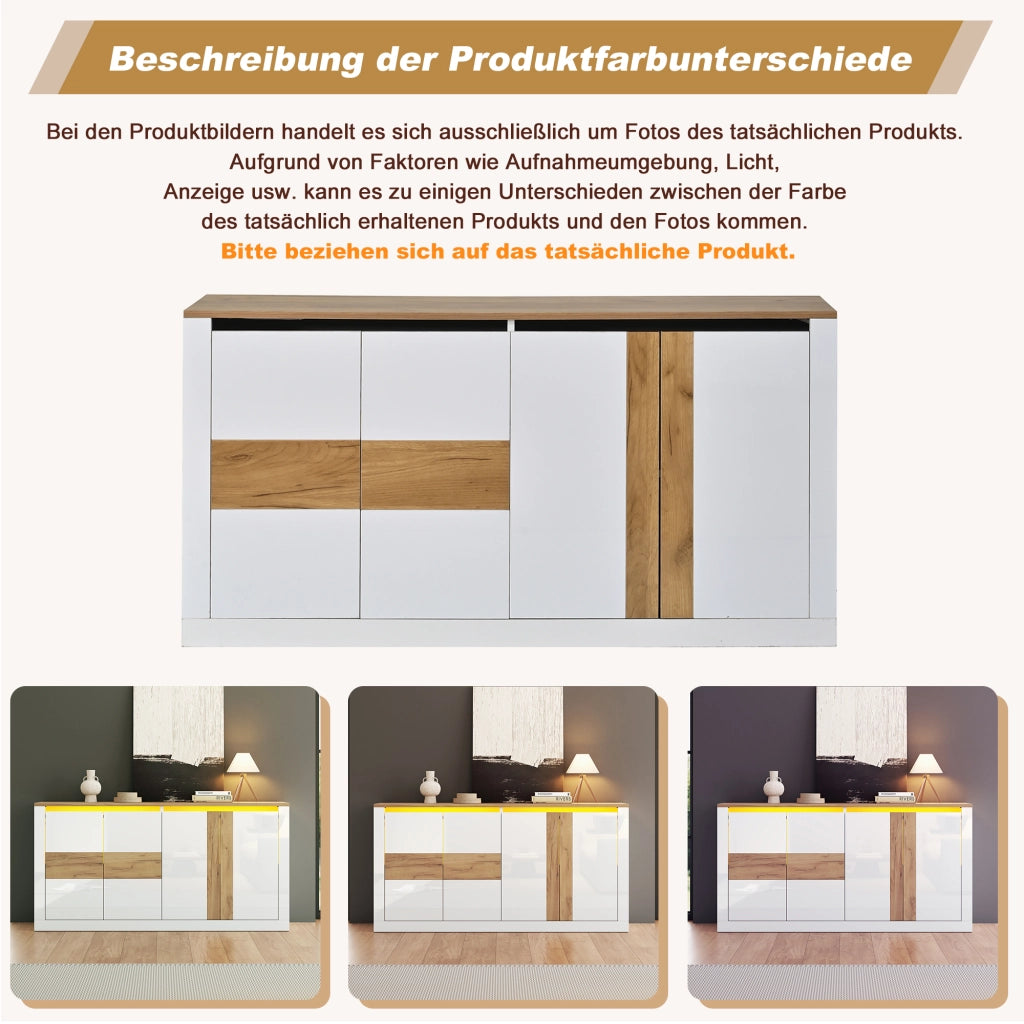 Credenza e madia con 4 ante, ripiani regolabili e LED RGB, per soggiorno e ingresso, in MDF, bianco, 140 × 35 × 70 cm