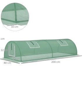 Mini serra da esterno verde 200 x 80 x 45 cm con 4 finestre in rete