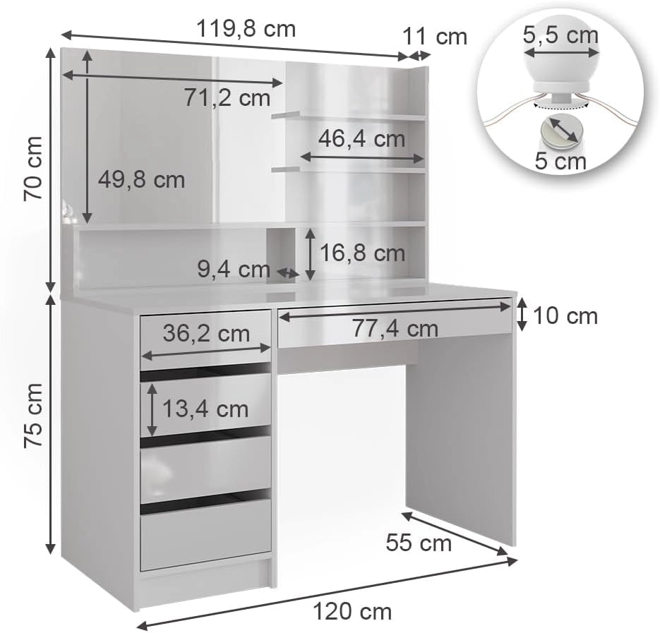 Tavolo da toeletta Sherry, Bianco, 120 cm con illuminazione a LED e ripiano a specchio, per l'organizzazione di cosmetici e accessori