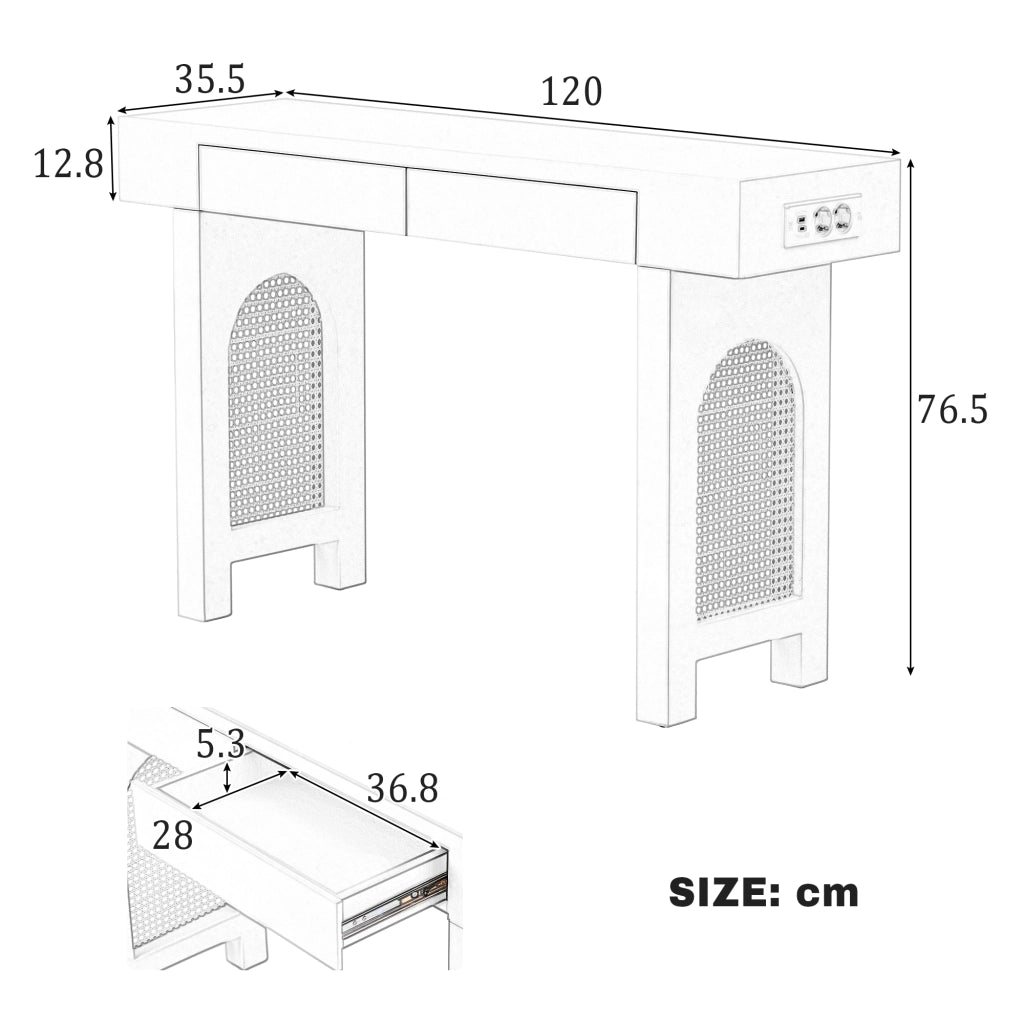 Consolle con 2 cassetti e ciabatta integrata per ingresso e soggiorno in MDF nero 120 × 35,5 × 76,5 cm