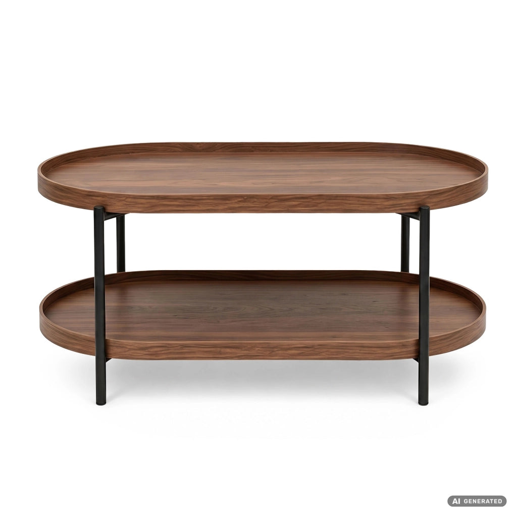 Tavolino da salotto stile loft CORTADO 90 cm ovale con ripiano noce gambe nere