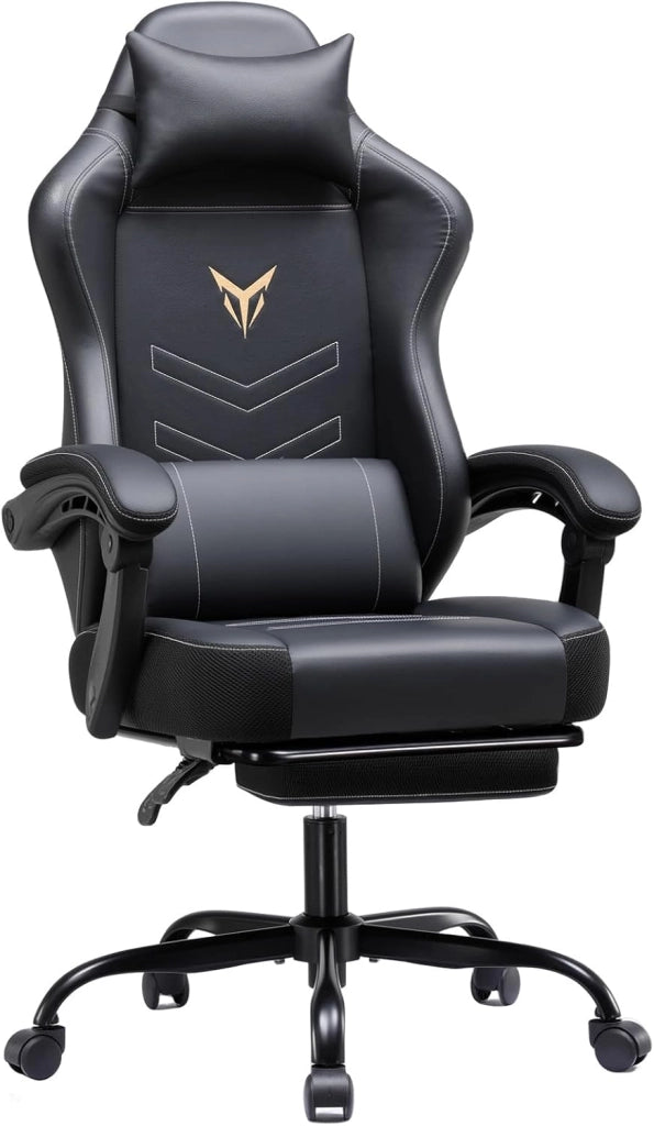 Sedia da gioco, ergonomica, con poggiapiedi, sedia da ufficio, regolabile in altezza, con cuscino lombare, sedia girevole in ecopelle nera