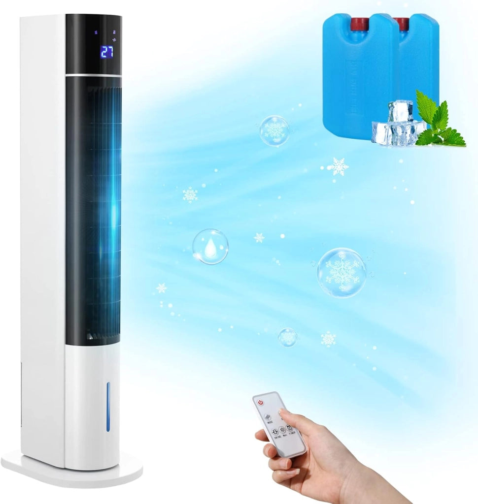 Ventilatore a Torre da 104 cm con Telecomando e Raffreddamento ad Acqua, 4 In 1 con Raffreddamento Umidificazione, Oscillazione di 50°, Timer 12 Ore, Silenzioso per Camera da Letto, Soggiorno