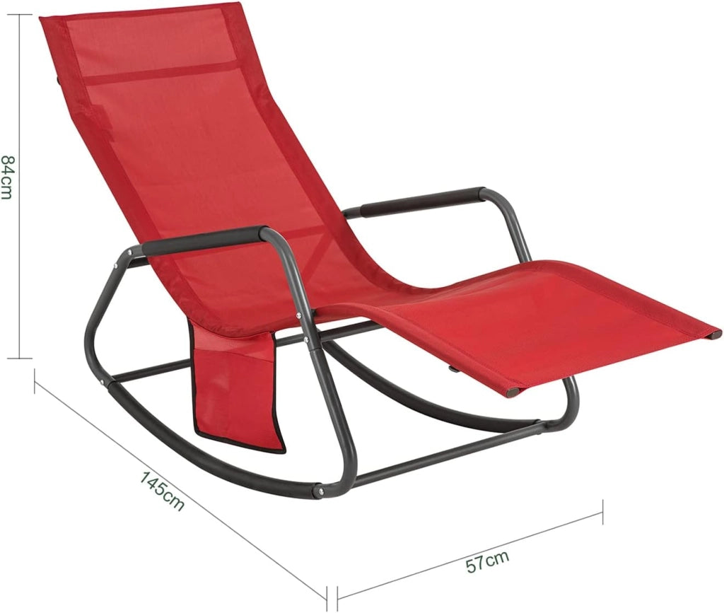 Dondolo da Giardino Sedia a Dondolo da Esterno Lettino Prendisole con Tasca Laterale Poltrona da Giardino Sdraio per Patio Balcone Campeggio Spiaggia Rosso 143x57x85 cm OGS47-R