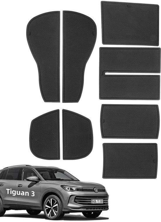Antislipmatte per VW Tiguan 3 2024-2025, 8 mattoncini in gomma per console centrale, cassetta portaoggetti, portabibita, vano portaoggetti integrato, vano manubrio, nero
