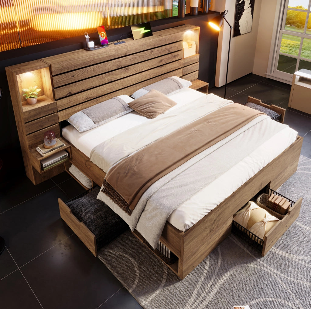 Letto matrimoniale 180x200 cm con LED, USB-C e cassetti contenitivi