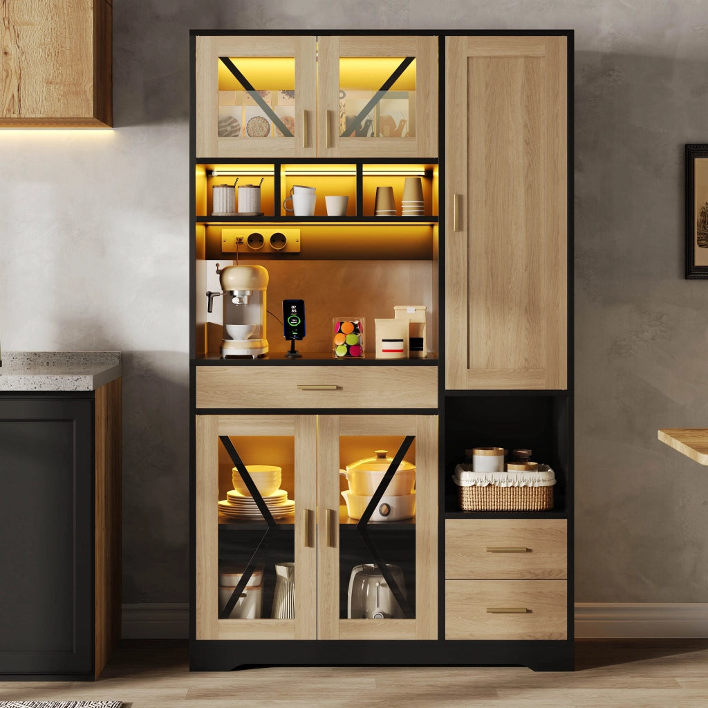 Credenza Alta Stile Rustico con LED, Ripiani, Cassetto e Prese ¨C Xylo ¨C 185x105x40