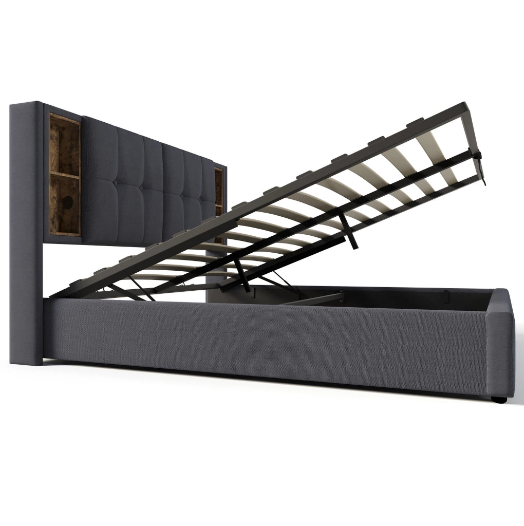Letto imbottito 140x200 cm con ricarica wireless; USB C e contenitore; cotone grigio