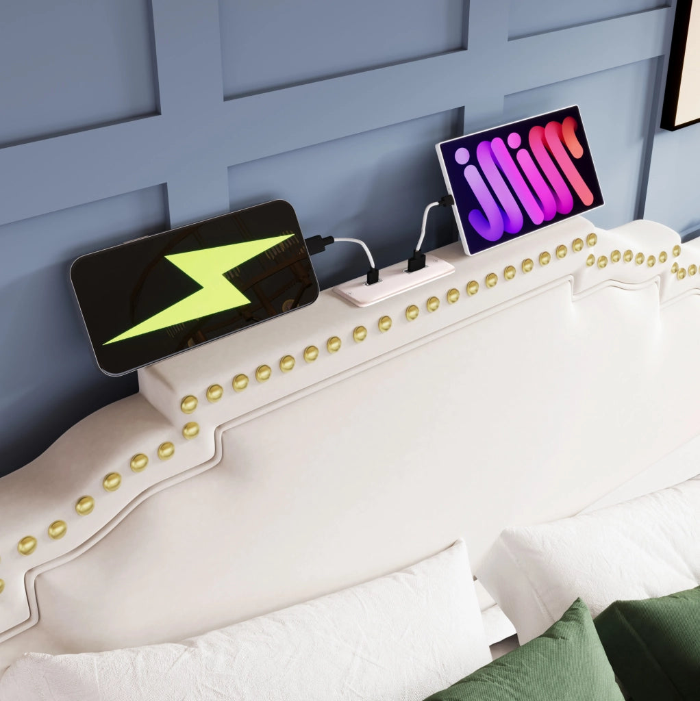 Letto imbottito 140x200 cm beige in velluto con LED, USB-C e 4 cassetti