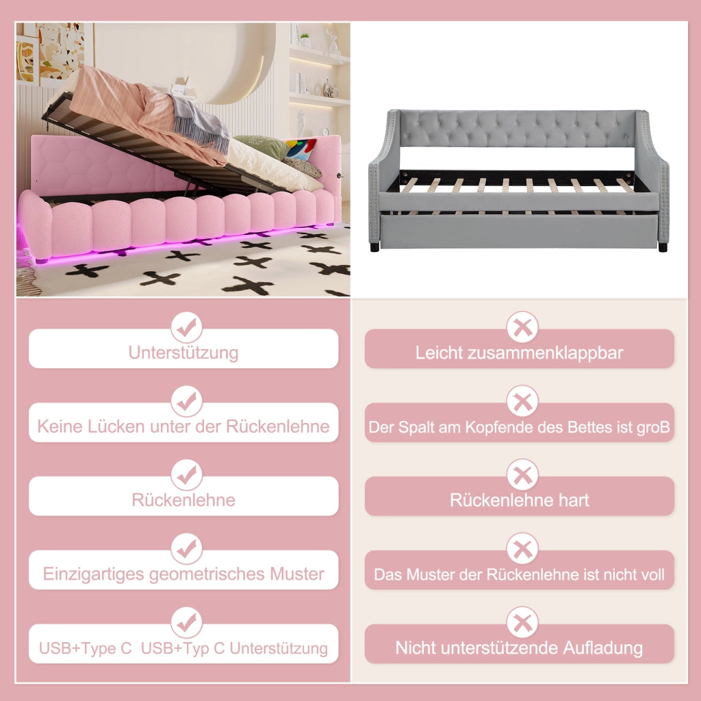 Daybett con funzione divano letto in velluto rosa 90x200 cm