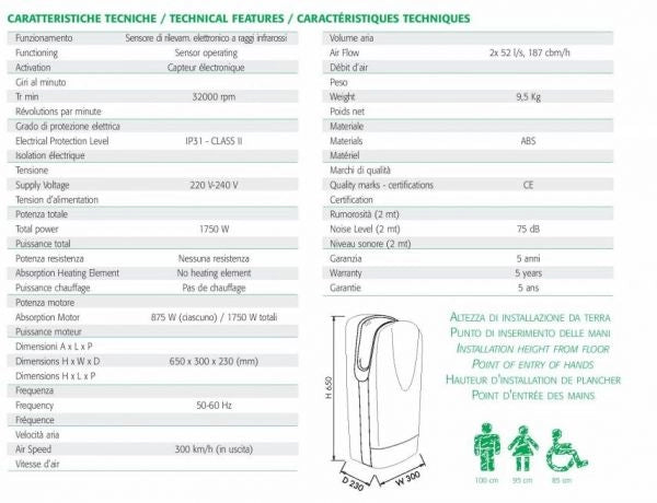 Asciugamani elettrico da parete - Tornado Protech SF - Plastica grigio