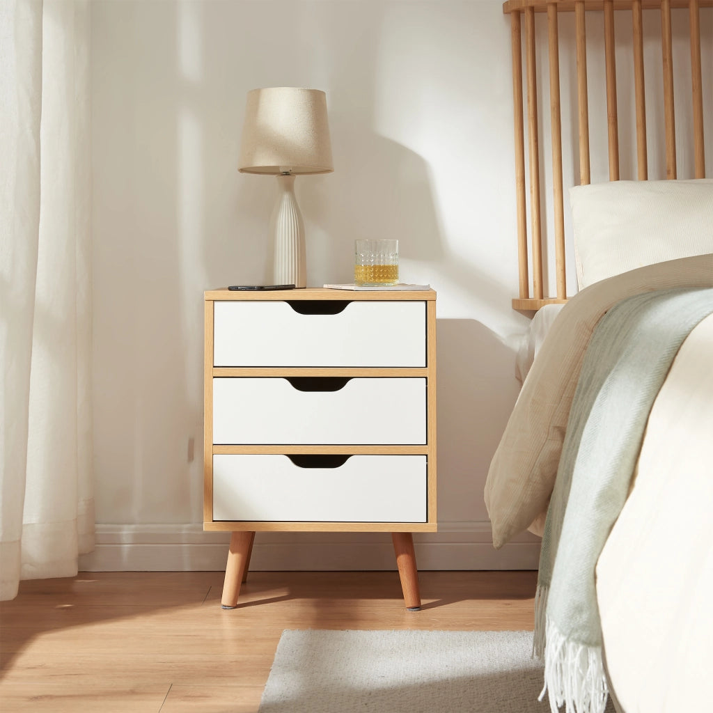 Comodino Bordkak con 3 Cassetti 55 x 40 x 30 cm - Effetto Rovere / Bianco [en.casa]