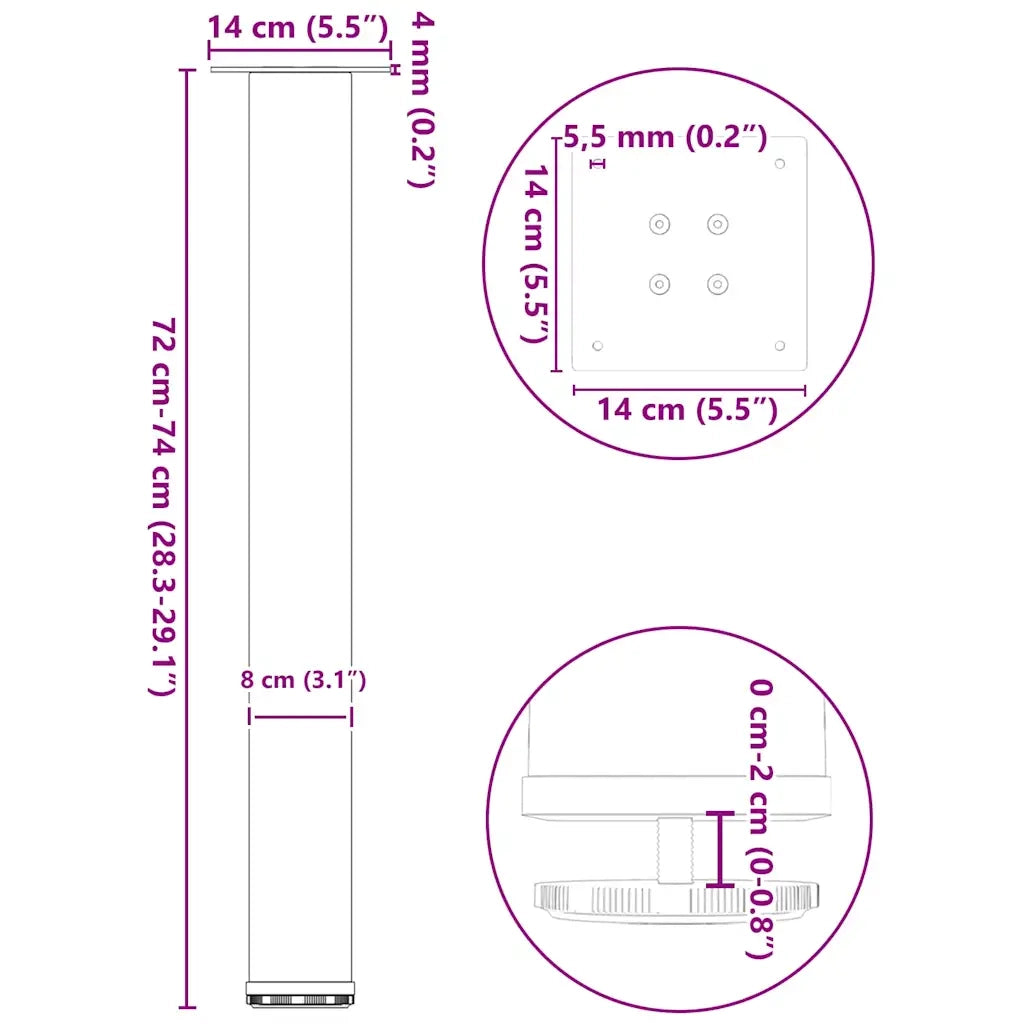 Gambe per tavolo consolle 4 pz | Piede del tavolo in acciaio naturale 72-74 cm