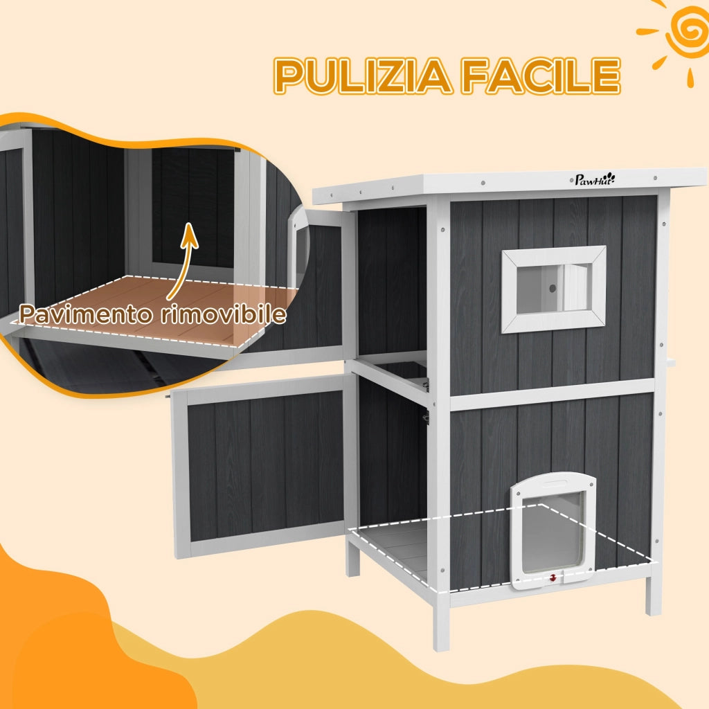 Cuccia per Gatti da Esterno in Legno a 2 Livelli con Tetto ¨C zephmum ¨C Grigio 60x60x90.5cm