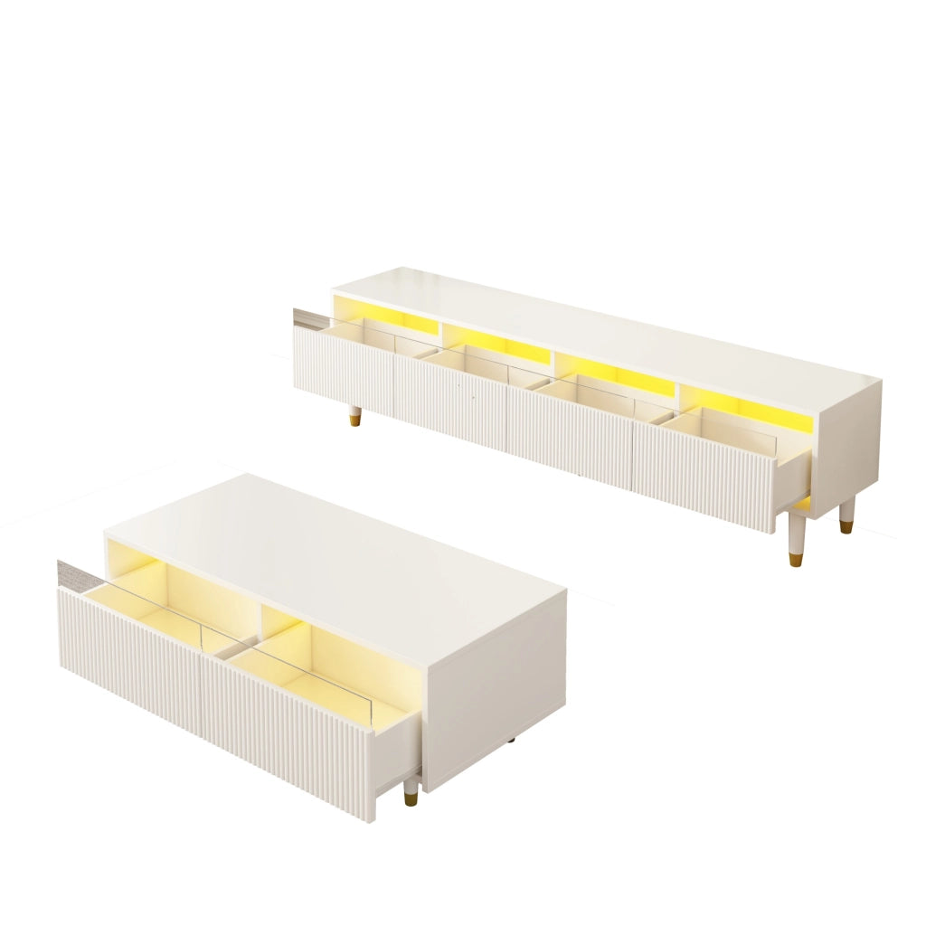 OKWISH Set di 2 Mobili da Soggiorno con Mobile TV a 4 Ante e Tavolino con 2 Cassetti, LED, MDF Bianco