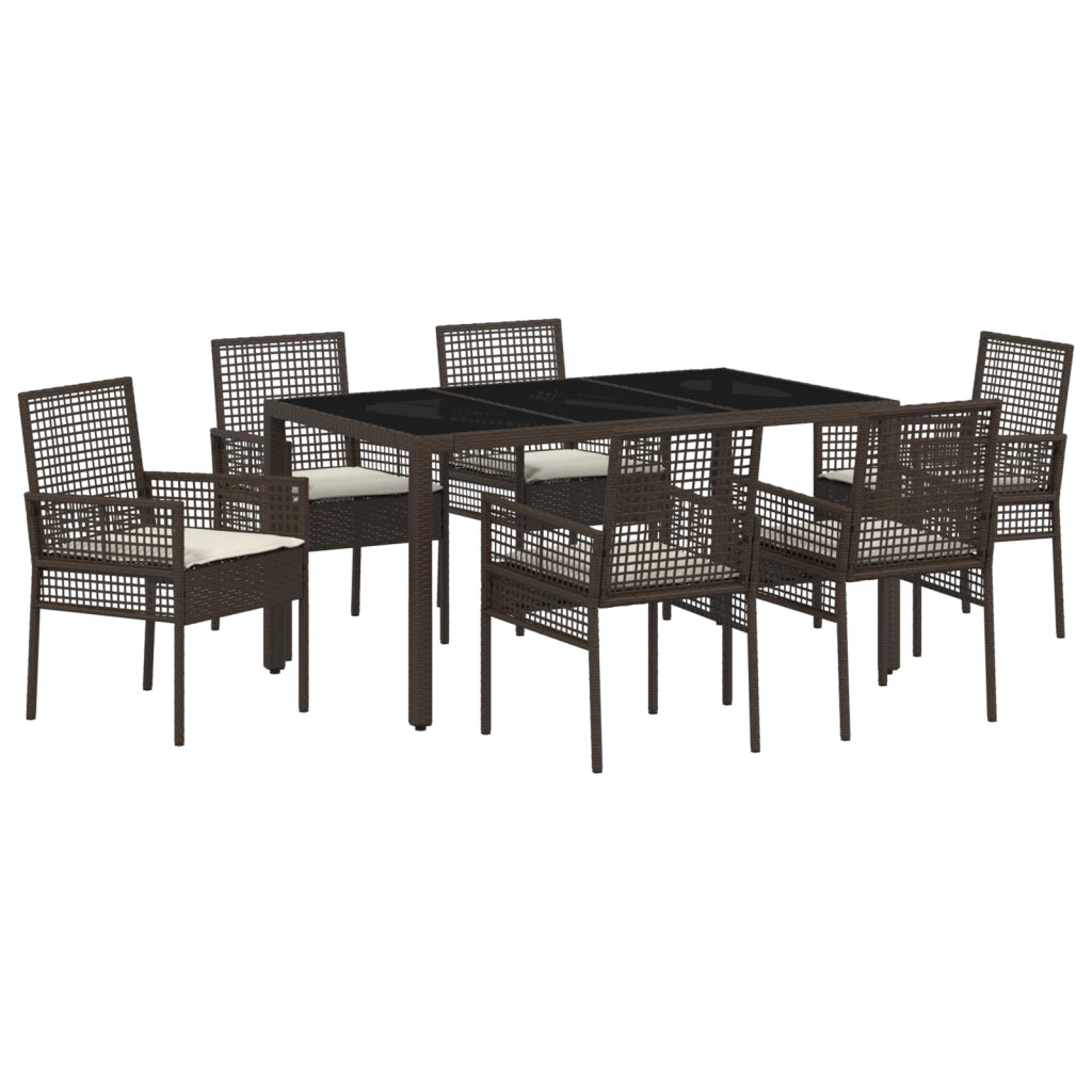 Set da Pranzo da Giardino 7 Pezzi con Cuscini in Rattan Sintetico Marrone