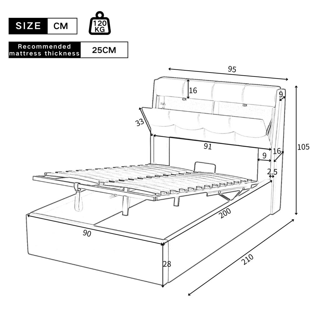Letto Contenitore Letto Singolo 90x200 cm; 1 Posto - Idraulico e Testiera - in PU - Bianco